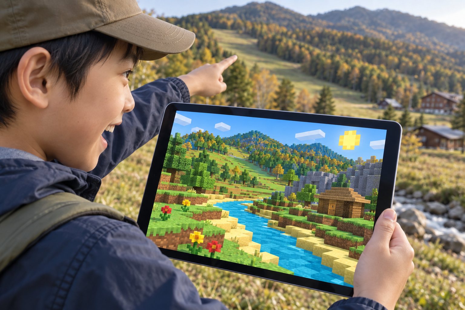 高原でタブレットのワールドと本物の景色を見比べる子ども