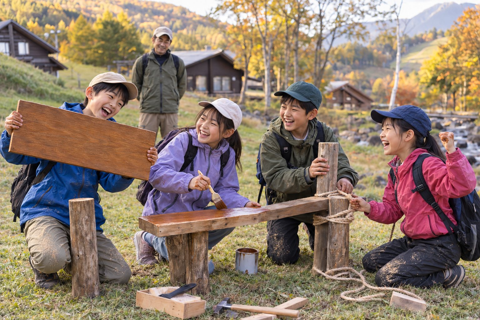 丸太のベンチをみんなでつくる子どもたち