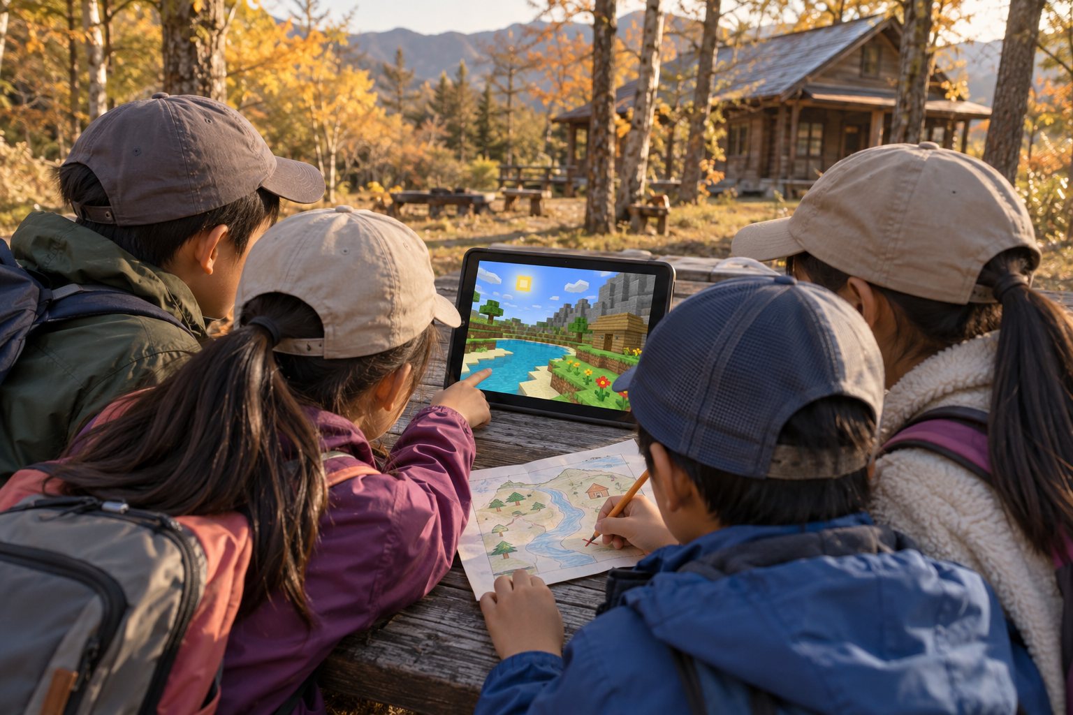 屋外のテーブルでiPadを囲み、紙の地図に印をつける子どもたち
